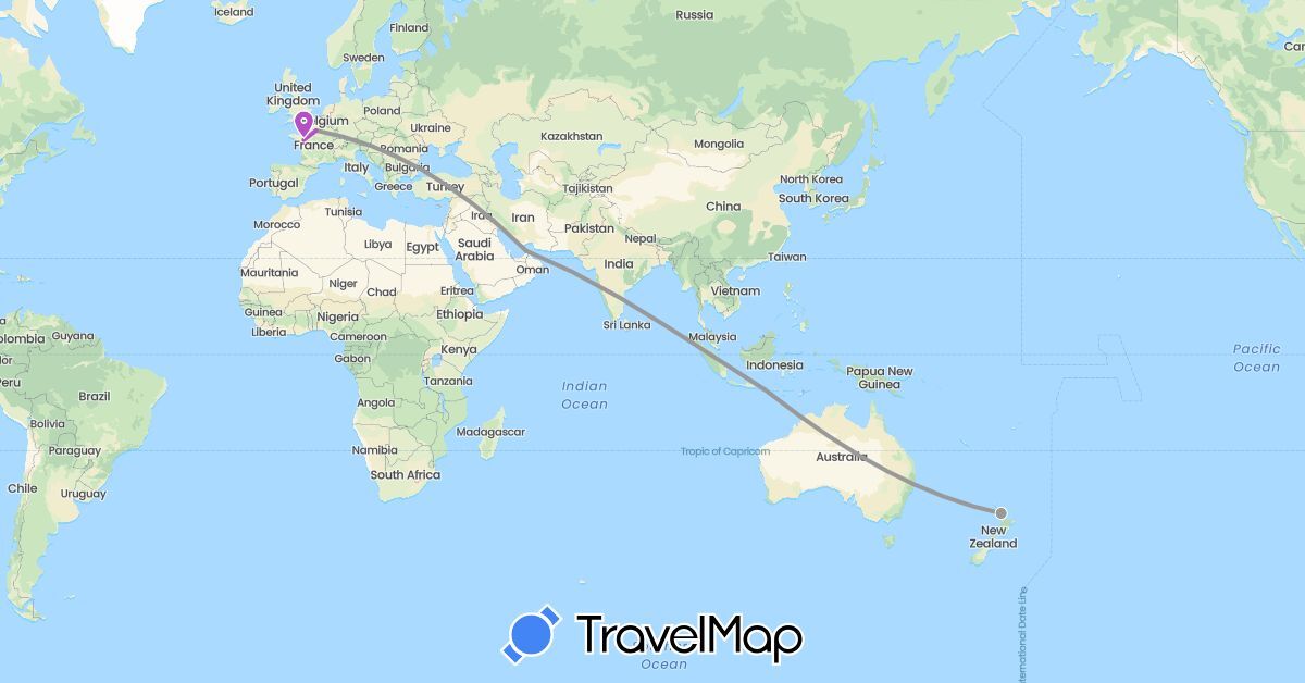 TravelMap itinerary: plane, train in United Arab Emirates, France, Indonesia, New Zealand (Asia, Europe, Oceania)