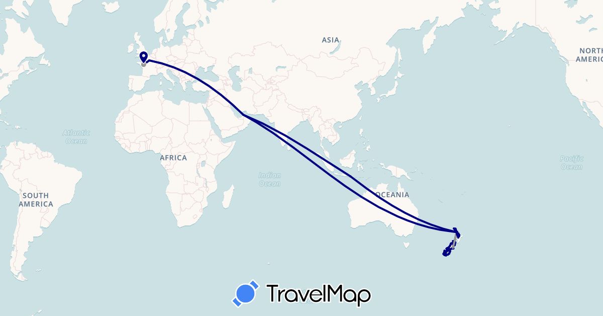 TravelMap itinerary: driving, plane, cycling in United Arab Emirates, France, Indonesia, New Zealand (Asia, Europe, Oceania)